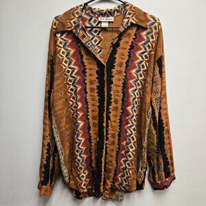 Jeri Marque Vintage Long Sleeve Abstract L Button Up Blouse Shoulder Pads